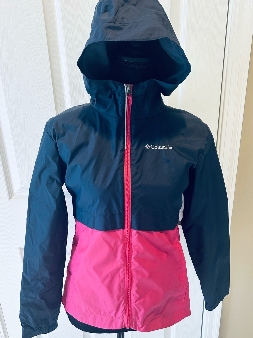 Columbia Youth Two-Tone Hooded Rain Jacket - Navy & Pink
